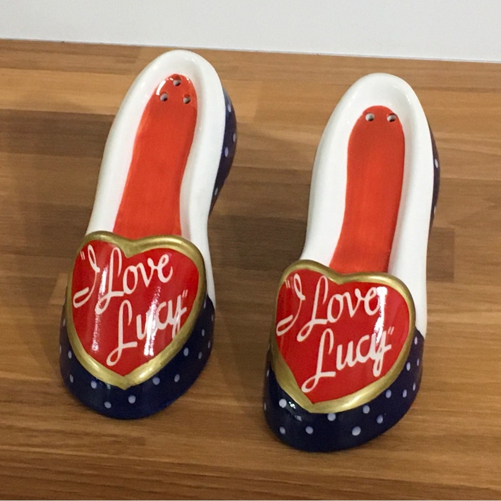 I Love Lucy Vintage Blue Polka Dot Red Heart High Heel Salt & Pepper Shakers